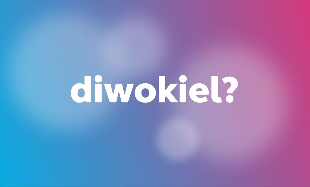diwokiel? Grafik mit einem pink blauen Farbverlauf auf der "diwokiel?" steht